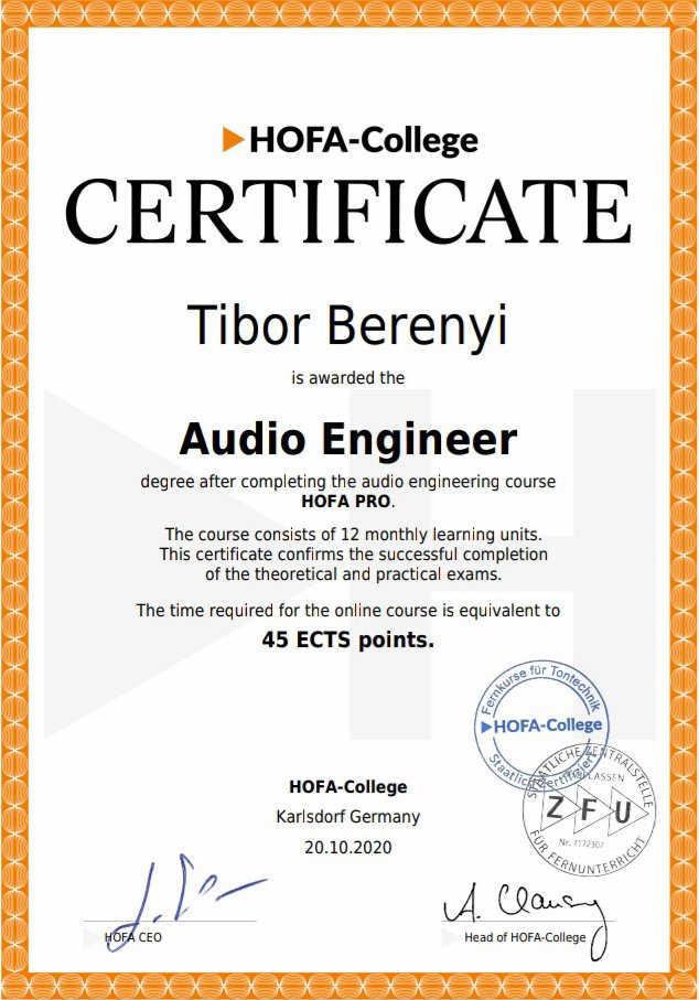 Tibor Berényi HOFA Sound Engineer Diploma